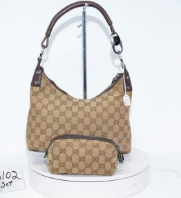 Gucci (Sukey) Brown Jacquard Monogramed Canvas Medium Hobo and Small Brown Jacquard Monogramed Makeup Bag (G102 Set)
