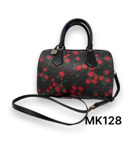 Michael Kors (Hayes) Red Roses on Black Canvas With Black Leather Handles and Trim, Doctors Bag (MK129)